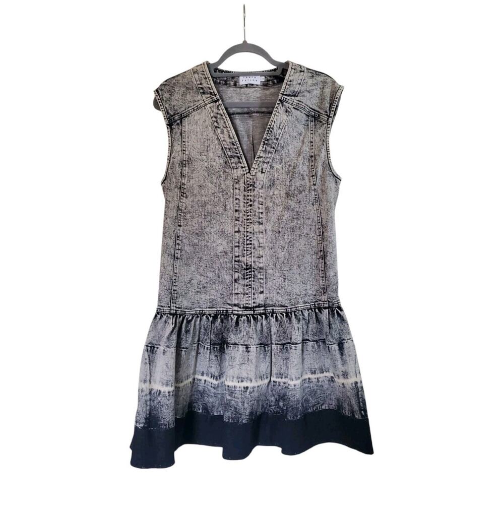 Tanya Taylor Retro Grey Black Faded Denim V Neck Shift Mini Dress, Size 10